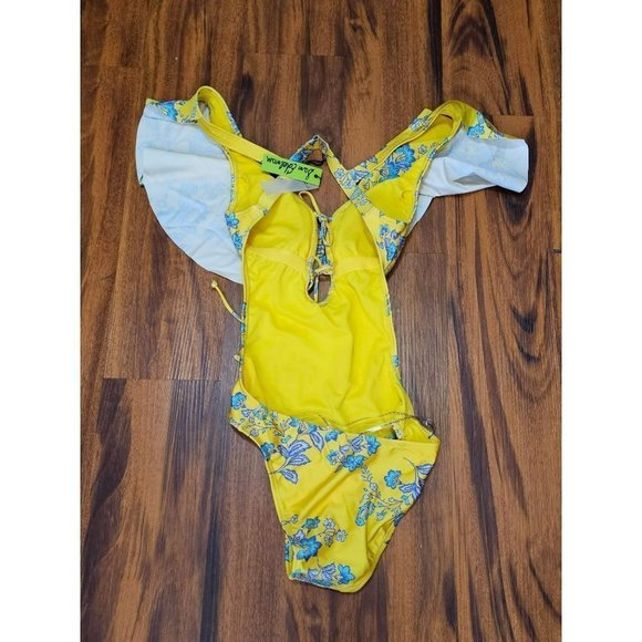 Sam Edelman Cut Out Yellow Ruffle Blue Floral One Piece Women's Swimsuit Size XS - Picture 5 of 10